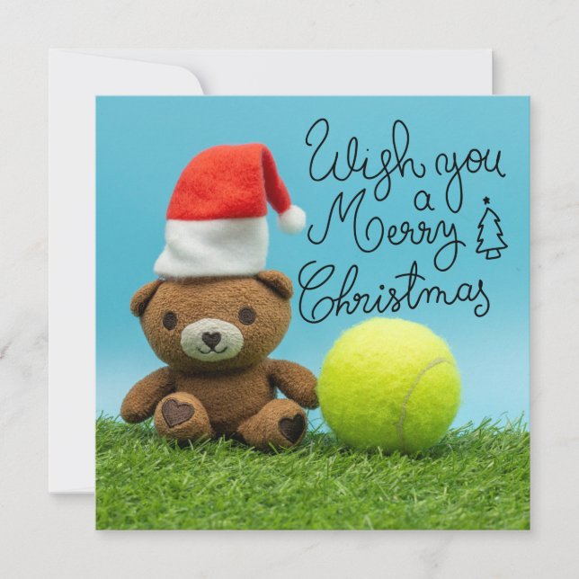Tarjeta Festiva Navidades de tenis con pelota de tenis y Teddy San (Anverso)