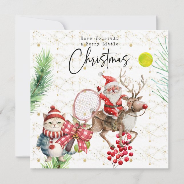 Tarjeta Festiva Navidades de tenis con Santa Claus (Anverso)