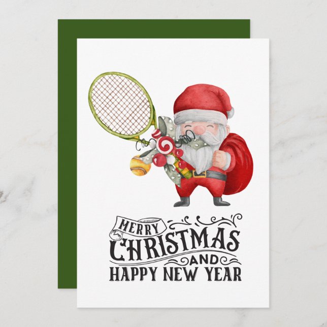 Tarjeta Festiva Navidades de tenis con Santa Claus (Anverso / Reverso)
