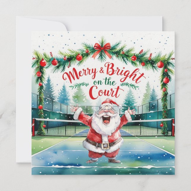 Tarjeta Festiva Navidades de tenis con Santa Claus en la cancha (Anverso)