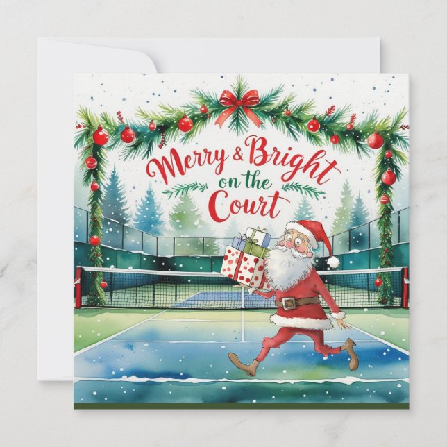 Tarjeta Festiva Navidades de tenis con Santa Claus en la cancha (Anverso)