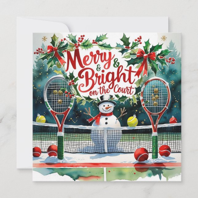 Tarjeta Festiva Navidades de tenis con Snowman en la corte (Anverso)