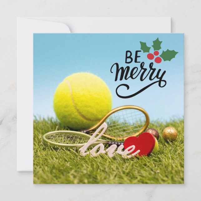 Tarjeta Festiva Navidades de tenis pelota de tenis y raqueta con a (Anverso)