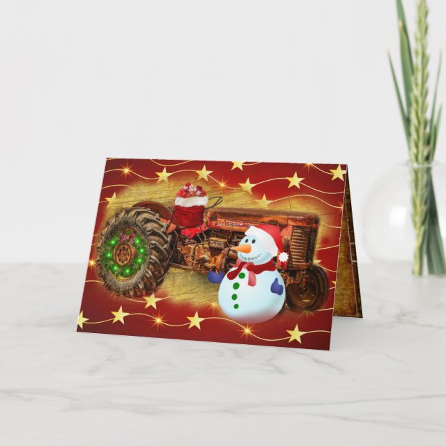 Tarjeta Festiva Navidades de Tractores Rojos de Frosty (Anverso)