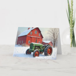 Tarjeta Festiva Navidades de un tractor de granjas por un granero 