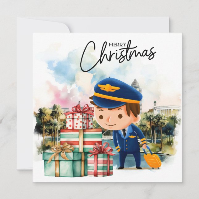 Tarjeta Festiva Navidades de uniforme piloto en Orlando Florida (Anverso)