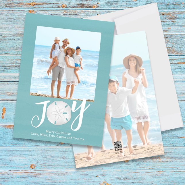 Tarjeta Festiva Navidades de vacaciones azules Photo Watercolor Be (Christmas Holiday Joy Creative Typography Beach Photo Card with a two-photo template.)