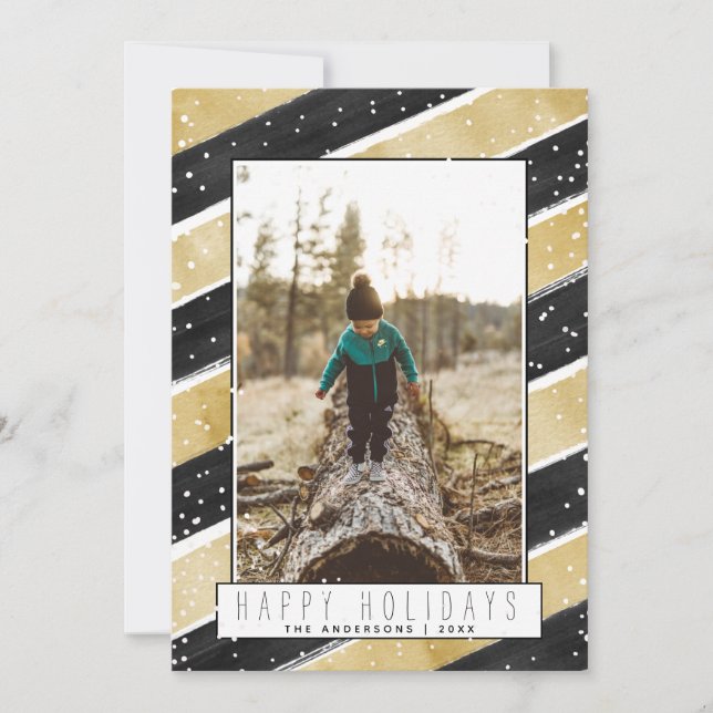 Tarjeta Festiva Navidades de vacaciones de Black & Gold con copos  (Anverso)