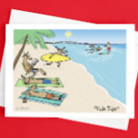 Tarjeta Festiva Navidades de vacaciones en Santa Cláusula y Playa<br><div class="desc">Tarjeta de Navidades humorísticos. Personalizado de Santa y sus renos en una soleada playa tropical. La inmaculada Santa Cláusula en baúles rojos está montando las olas. Un reno corre con una tabla de surf. Otros renos están bronceándose o leyendo en la arena. El título es "Yule Tide". Dentro de la...</div>