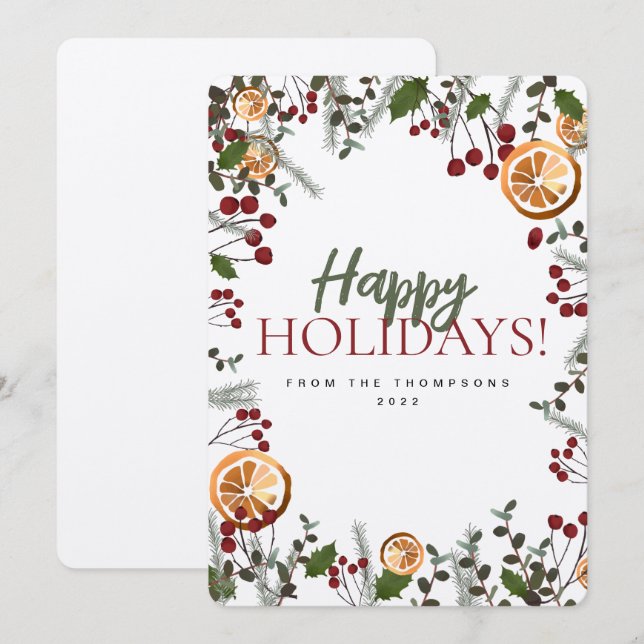 Tarjeta Festiva Navidades de vacaciones familia de Naranjas de fol (Anverso / Reverso)