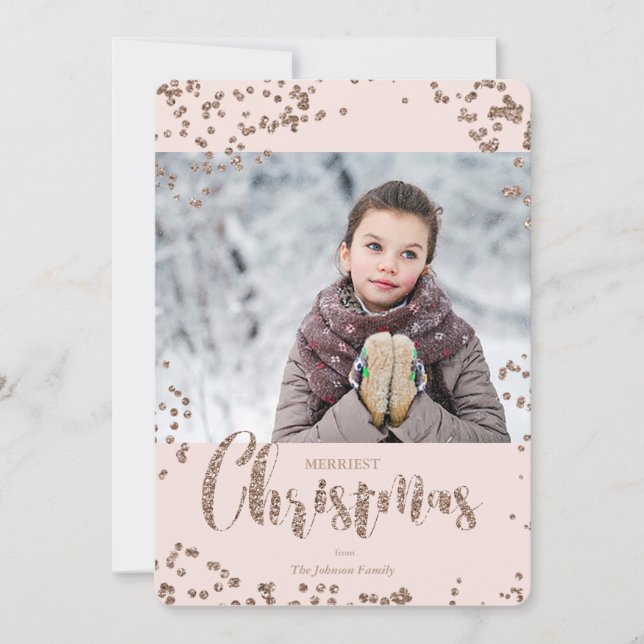 Tarjeta Festiva Navidades de vacaciones | Rosa Purpurina de oro |  (Anverso)