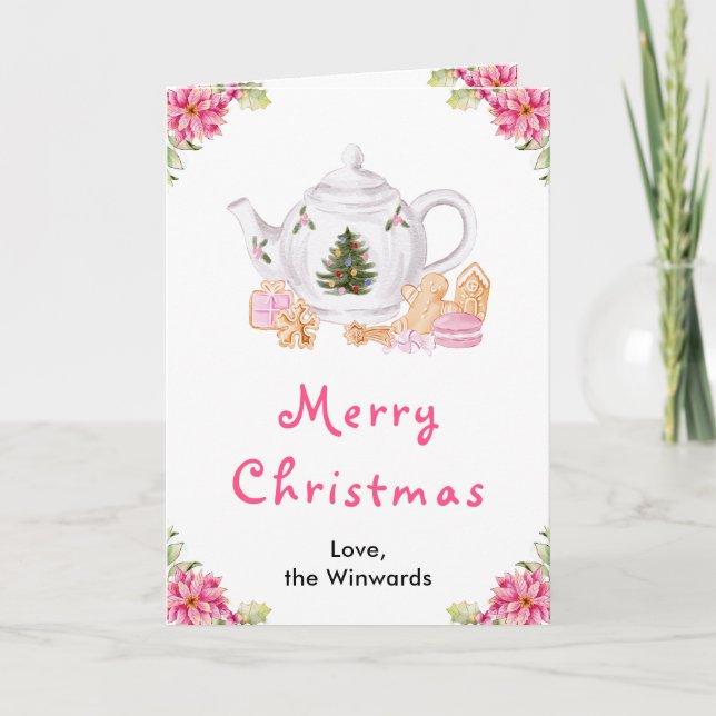 Tarjeta Festiva Navidades de vacaciones Tea Pink Merry Christmas (Anverso)