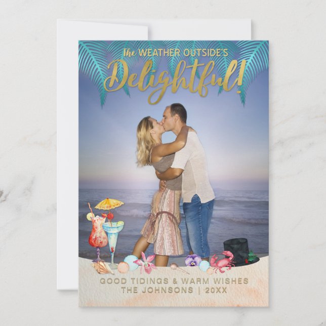 Tarjeta Festiva Navidades de vacaciones tropicales de oro en Flori (Anverso)