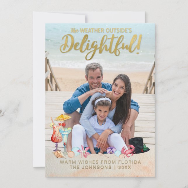 Tarjeta Festiva Navidades de vacaciones tropicales de oro en Flori (Anverso)