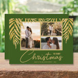 Tarjeta Festiva Navidades de varios Collages de fotos<br><div class="desc">Tres fotos acentuadas con falsos frondas de palmeras purpurinas sobre un fondo verde oscuro (ver más colores en nuestra tienda), estas tarjetas de fotos navideñas de vacaciones tienen sus nombres en la parte inferior con letras de moda. Seleccione Matte para el papel más pesado y la Alta Definición para la...</div>