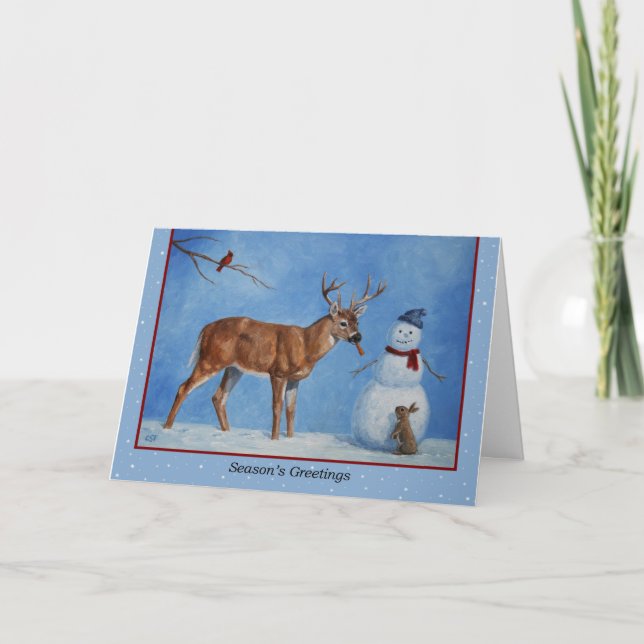 Tarjeta Festiva Navidades de venado y muñeco de nieve copos de nie (Anverso)