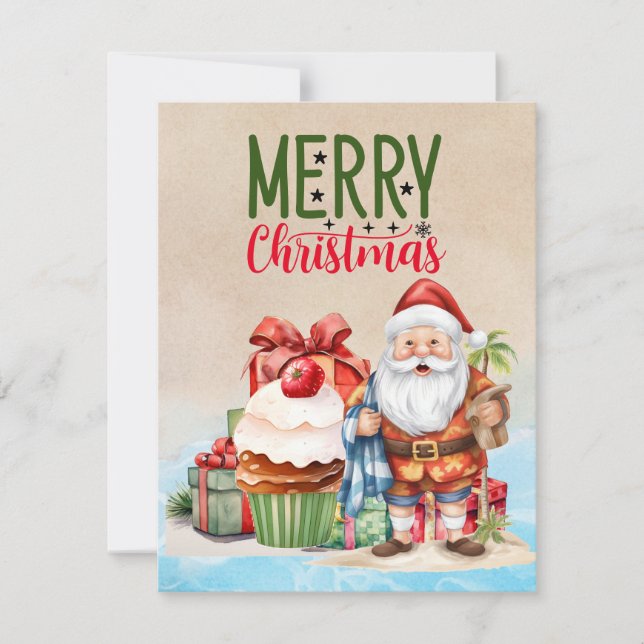 Tarjeta Festiva Navidades de verano con Santa Claus en la playa (Anverso)