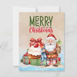 Tarjeta Festiva Navidades de verano con Santa Claus en la playa