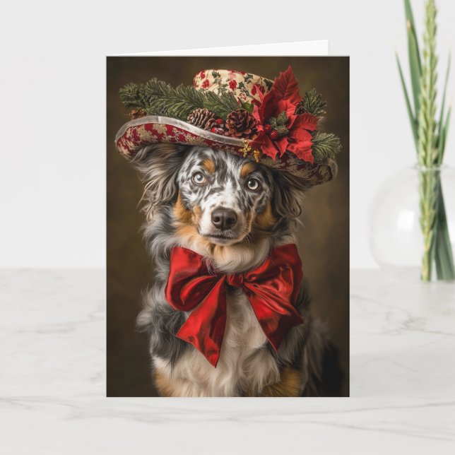 Tarjeta Festiva Navidades de Victoria Blue Merle Aussie (Anverso)