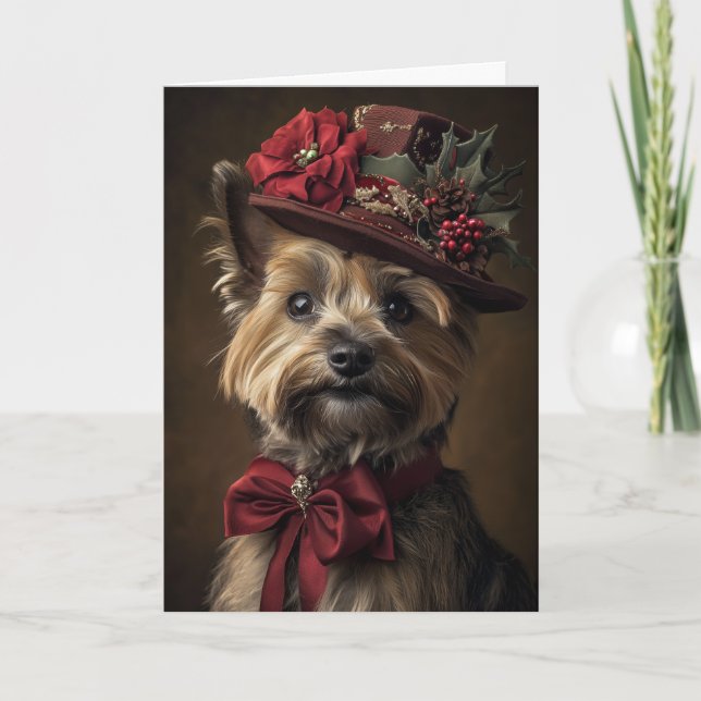 Tarjeta Festiva Navidades de Victorian Yorkie (Anverso)