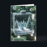 Tarjeta Festiva Navidades de vidrio Snowman Ornament<br><div class="desc">Una escena festiva de snowman es capturada dentro de un adorno de vidrio brillante de un árbol de Navidad rodeado de luces brillantes y texto de Feliz Navidad</div>