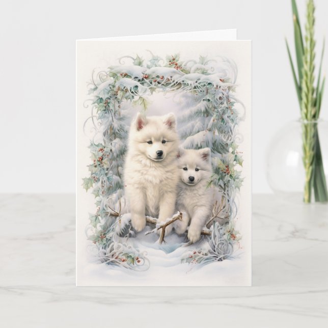 Tarjeta Festiva Navidades de Vintage Samoyed (Anverso)