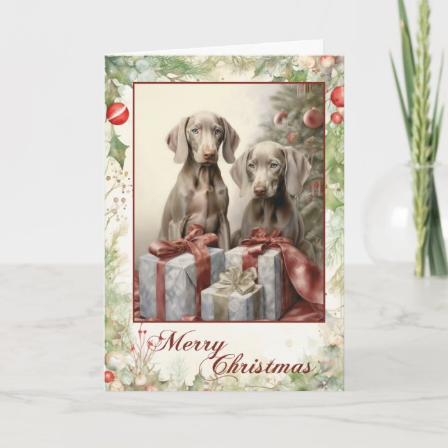 Tarjeta Festiva Navidades de Vintage Weimaraner (Anverso)