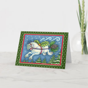 TARJETA FESTIVA NAVIDADES DE VUELO CUTO PONY TOMANDO PINECONE SLEI