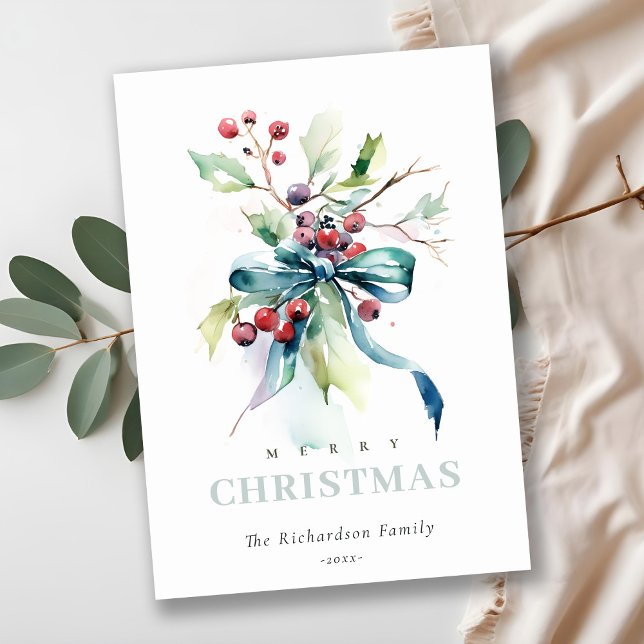 Tarjeta Festiva Navidades de Watercolor Blue Green Winries Berries (Subido por el creador)