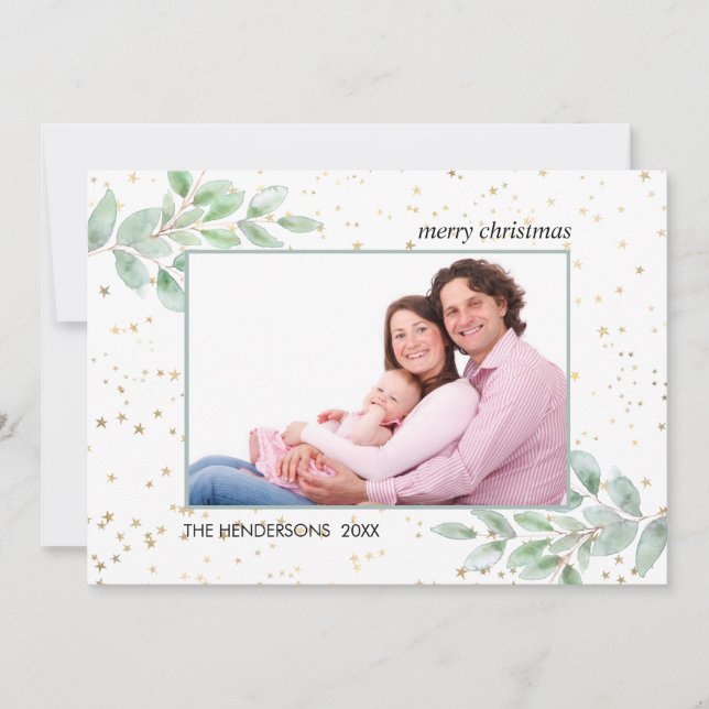 Tarjeta Festiva Navidades de Watercolor Green Photo Gold Stars (Anverso)