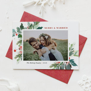 Tarjeta Festiva Navidades de Watercolor Holly Greenery Photo Bodas