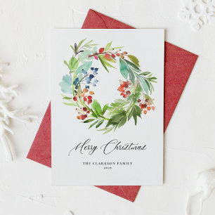 Tarjeta Festiva Navidades de Watercolor Juniper y Holly Wreath