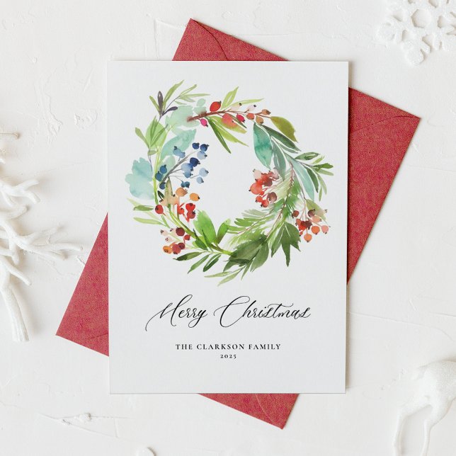 Tarjeta Festiva Navidades de Watercolor Juniper y Holly Wreath (Subido por el creador)
