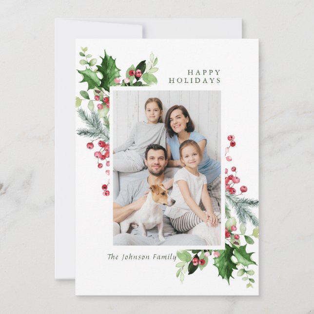 Tarjeta Festiva Navidades de Watercolor Mistletoe Holly Berry (Anverso)