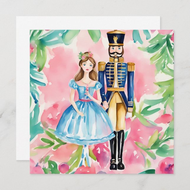 Tarjeta Festiva Navidades de Watercolor Nutcracker y Clara (Anverso / Reverso)