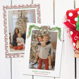 Tarjeta Festiva Navidades de Watercolor Plaid Bow Garland