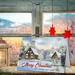 Tarjeta Festiva Navidades de Watercolor Rustic Country Barn