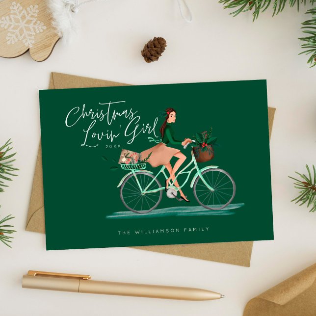 Tarjeta Festiva Navidades de Waterolor: Chica de amor montando una (Waterolor Christmas Lovin' Girl Riding A Bicycle Holiday Card)