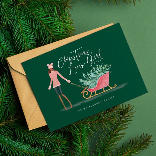Tarjeta Festiva Navidades de Waterolor Chica de Lovin Pulling Slei (Waterolor Christmas Lovin' Girl Pulling Sleigh Holiday Card)