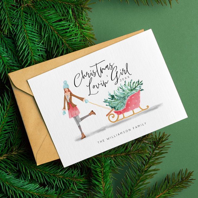 Tarjeta Festiva Navidades de Waterolor Chica de Lovin Pulling Slei (Waterolor Christmas Lovin' Girl Pulling Sleigh Holiday Card)