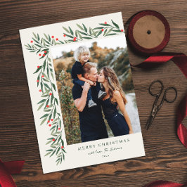 Tarjeta Festiva Navidades de Winter Greenery Ivory Photo