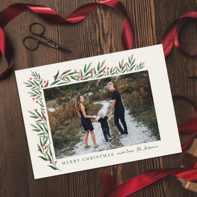 Tarjeta Festiva Navidades de Winter Greenery Ivory Photo (Subido por el creador)