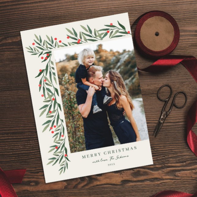 Tarjeta Festiva Navidades de Winter Greenery Ivory Photo (Subido por el creador)