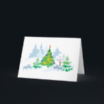 Tarjeta Festiva Navidades de Winter Serene<br><div class="desc">Nieve de invierno con cabras lecheras paradas en primer plano entre los árboles - una que está decorada para Navidades</div>