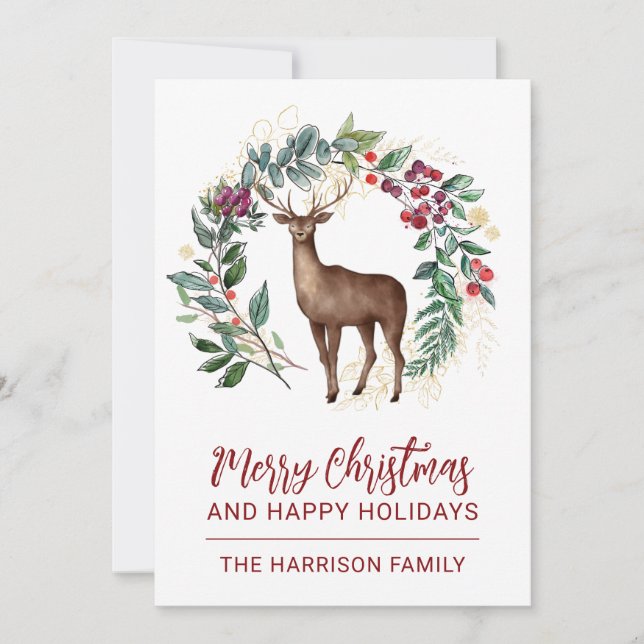 Tarjeta Festiva Navidades de Winter Stag Holly Wreath (Anverso)