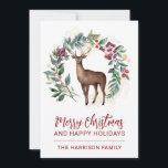 Tarjeta Festiva Navidades de Winter Stag Holly Wreath<br><div class="desc">Bonito acuarela rodeada de una escritura de guirnalda con una tarjeta navideña alegre. simplemente agregue su nombre.</div>