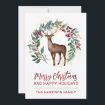 Tarjeta Festiva Navidades de Winter Stag Holly Wreath<br><div class="desc">Bonito acuarela rodeada de una escritura de guirnalda con una tarjeta navideña alegre. simplemente agregue su nombre.</div>