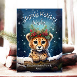 Tarjeta Festiva Navidades de Winter Wonderland Cheetah Cub Joyous<br><div class="desc">Esta adorable tarjeta de saludo navideño incluye un lindo ilustracion Cheetah Cub que lleva una corona festividad de flores de invierno, flor, pino y bayas, con copos de nieve que caen suavemente contra un ambiente rústico en el bosque de la serpiente Woodland. ¡El pequeño club Cheetah está mirando sobre el...</div>