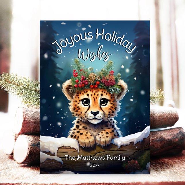 Tarjeta Festiva Navidades de Winter Wonderland Cheetah Cub Joyous (Adorable Winter Snowy Scene With Peeking Dogs or Farm/Woodland Animals - Over 50 to Choose From!)