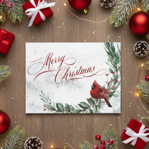 Tarjeta Festiva Navidades de Winter Wreath y Cardinal Rojo